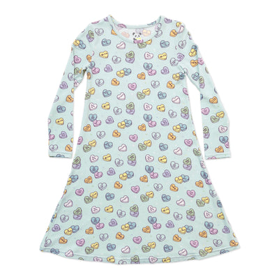 Valentine's Candy Hearts Blue Bamboo Girls' Long Sleeve Dress