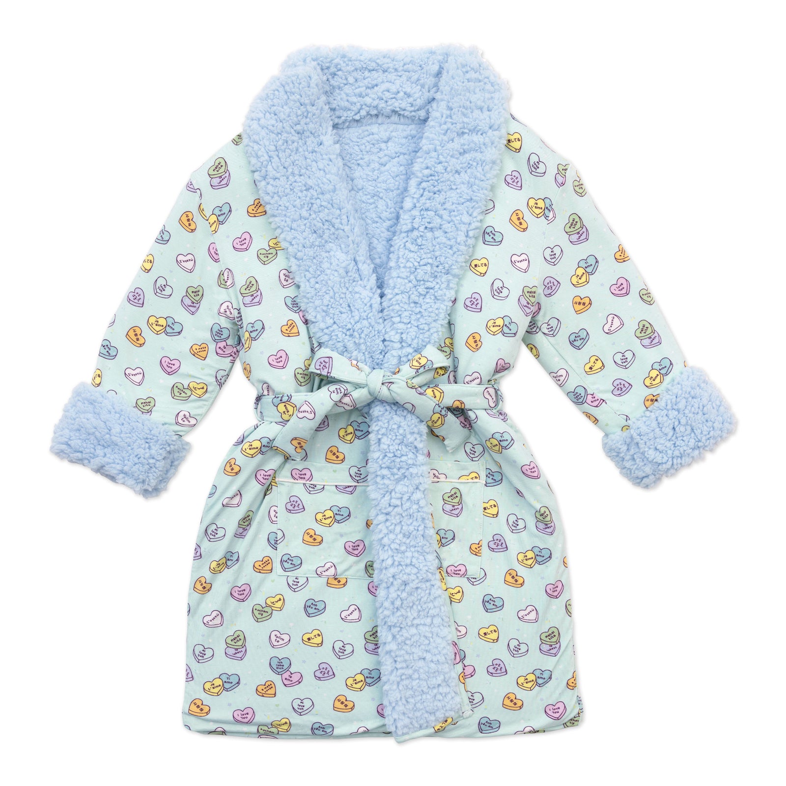 Valentine's Candy Hearts Blue Bamboo Kids Sherpa Robe