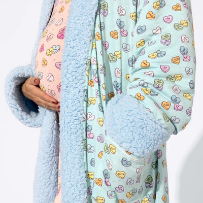 Valentine's Candy Hearts Blue Bamboo Adult Sherpa Robe