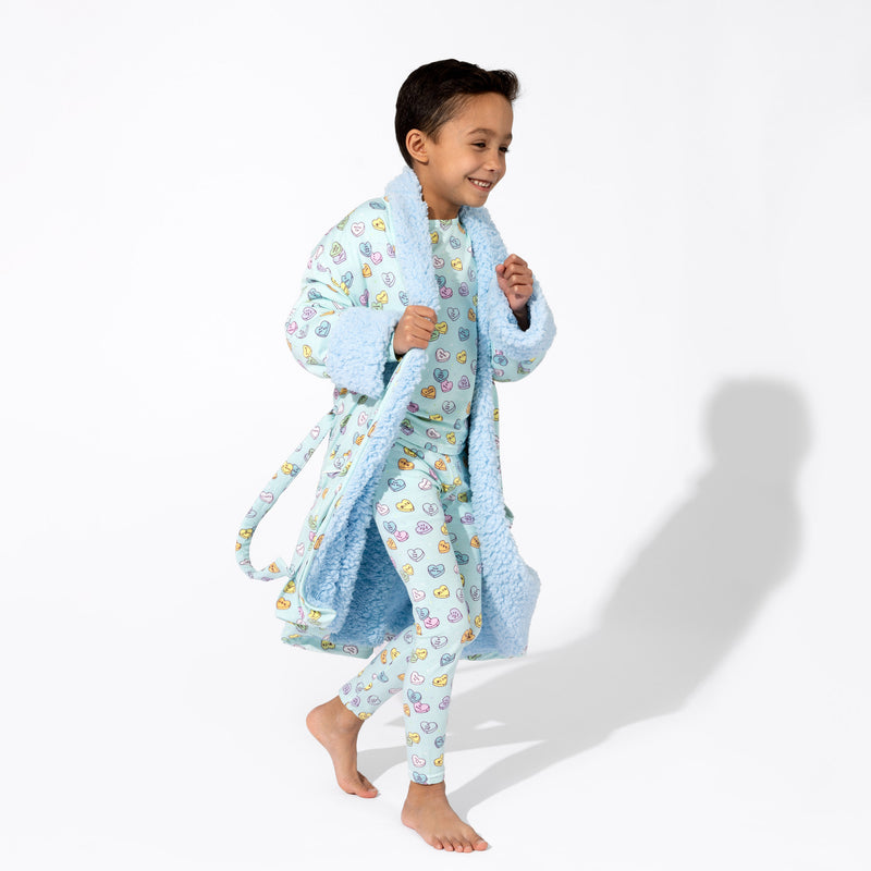 Valentine's Candy Hearts Blue Bamboo Kids Sherpa Robe