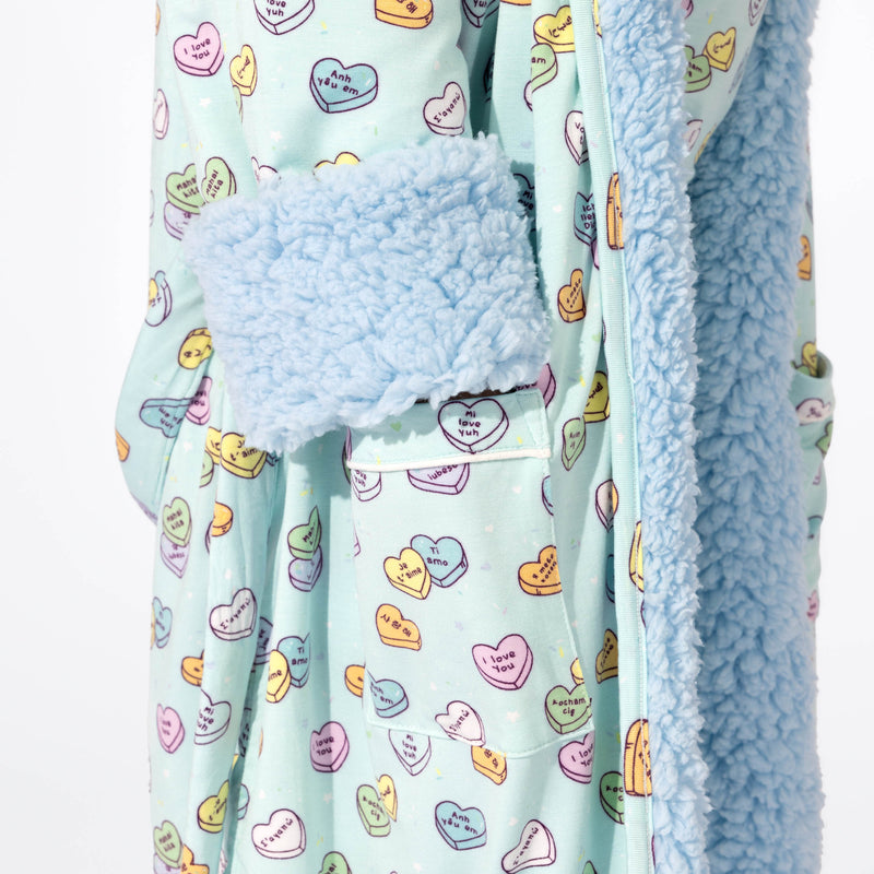 Valentine's Candy Hearts Blue Bamboo Kids Sherpa Robe