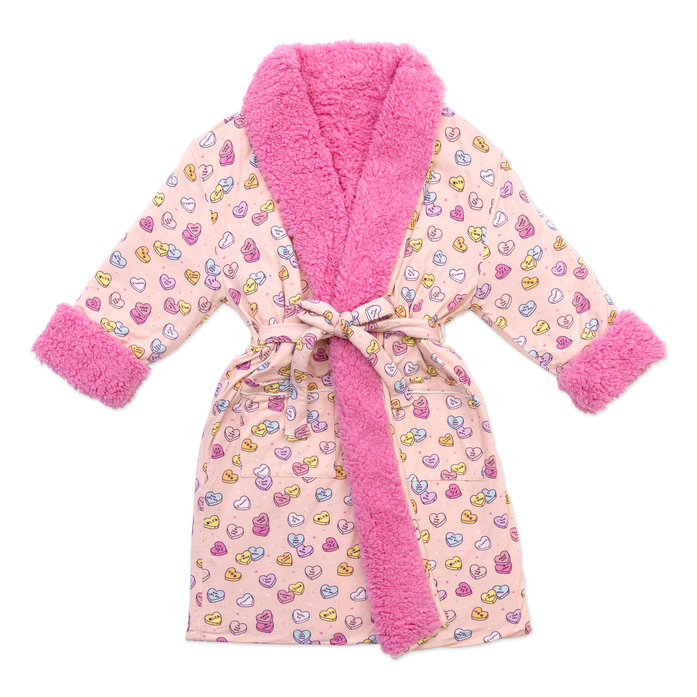 Valentine's Candy Hearts Pink Bamboo Adult Sherpa Robe