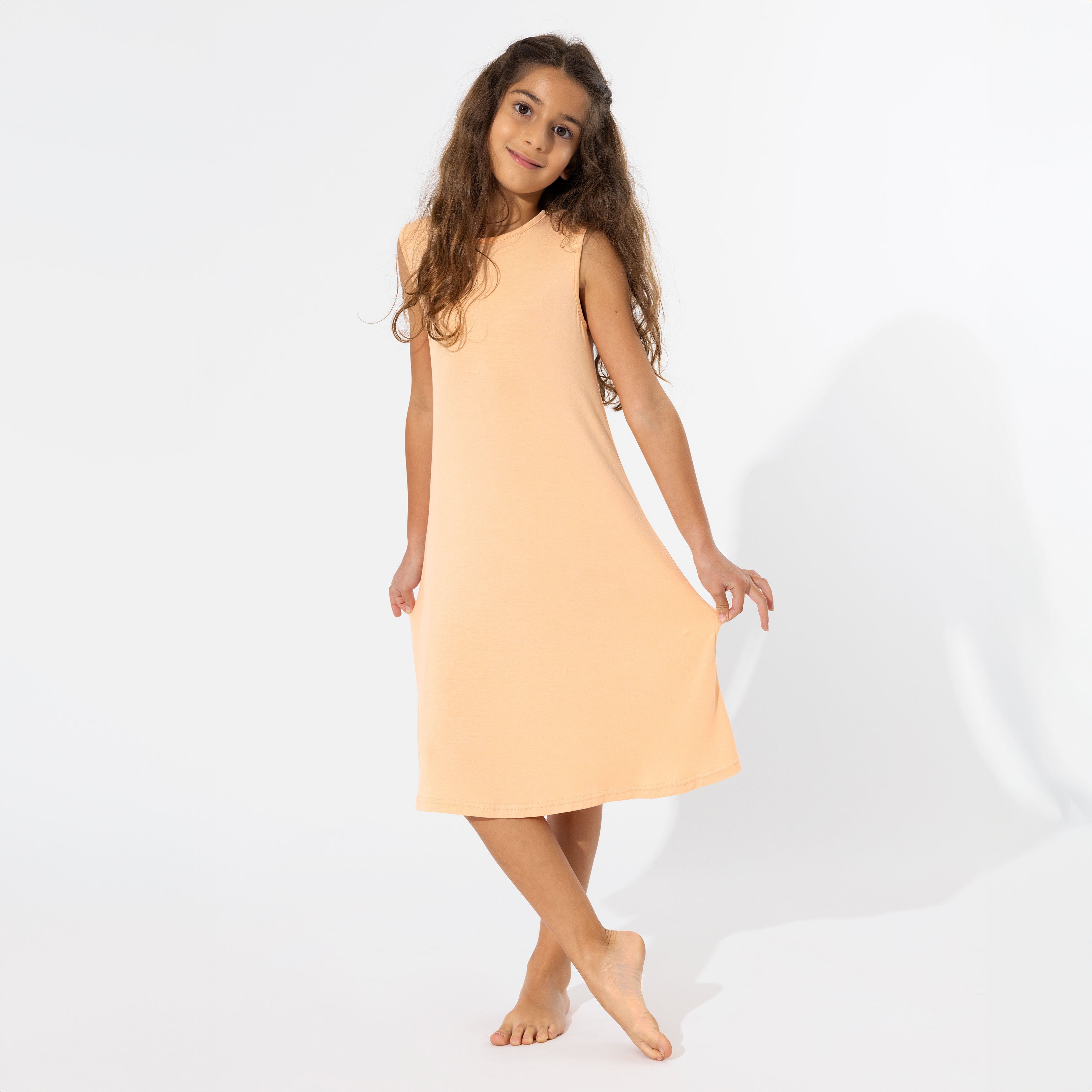 Peachy Perfection: Peach Fuzz Bamboo Girls' Sleeveless Dress - Bellabu Bear