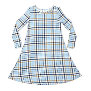 Holiday Plaid Blue Bamboo Girls' Long Sleeve Dress