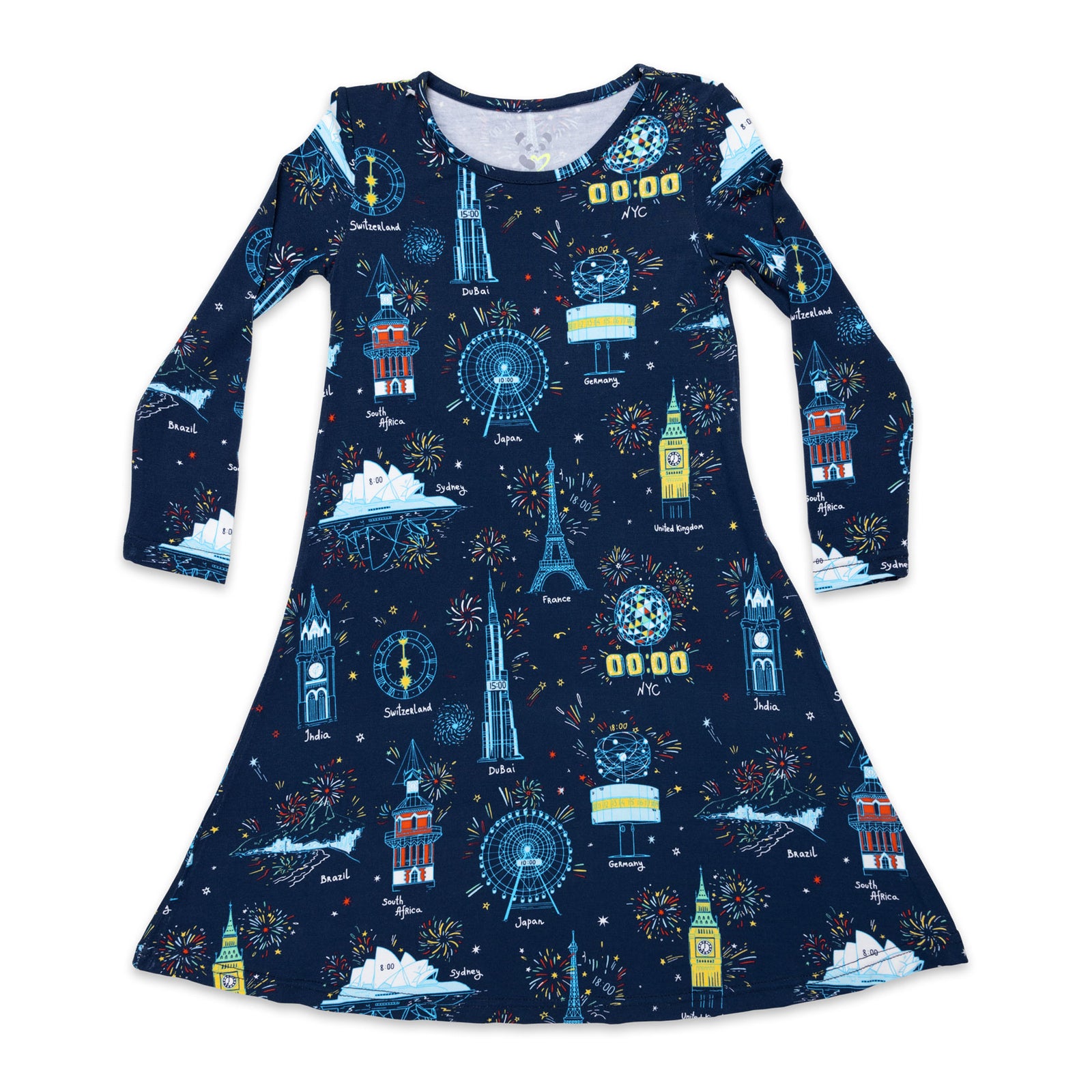 New Year's Worldwide Countdown Bamboo Girls' Long Sleeve Dress