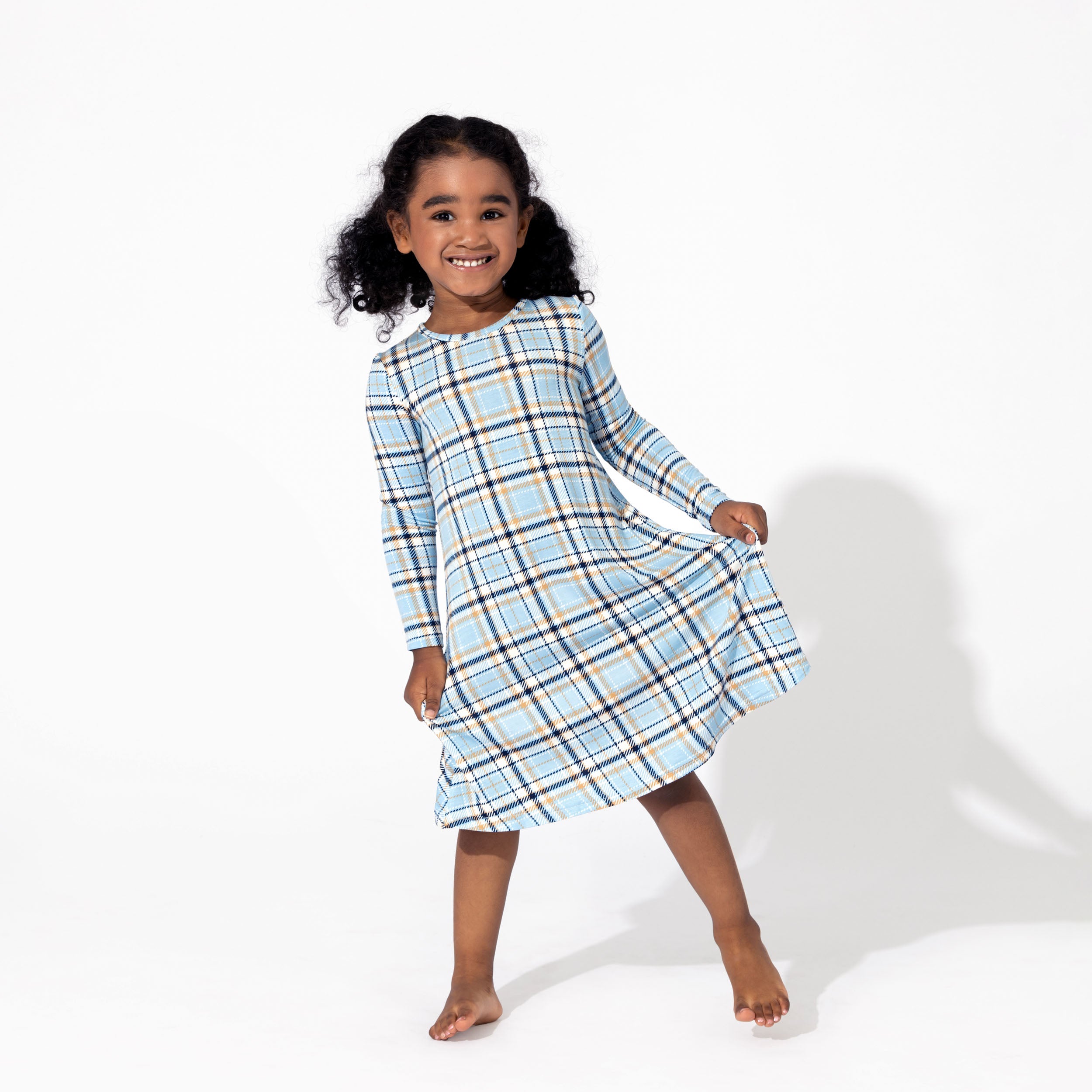 Festive Dreams: Holiday Plaid Blue Bamboo Girls' Dress - Bellabu Bear