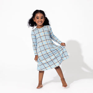 Holiday Plaid Blue Bamboo Girls' Long Sleeve Dress