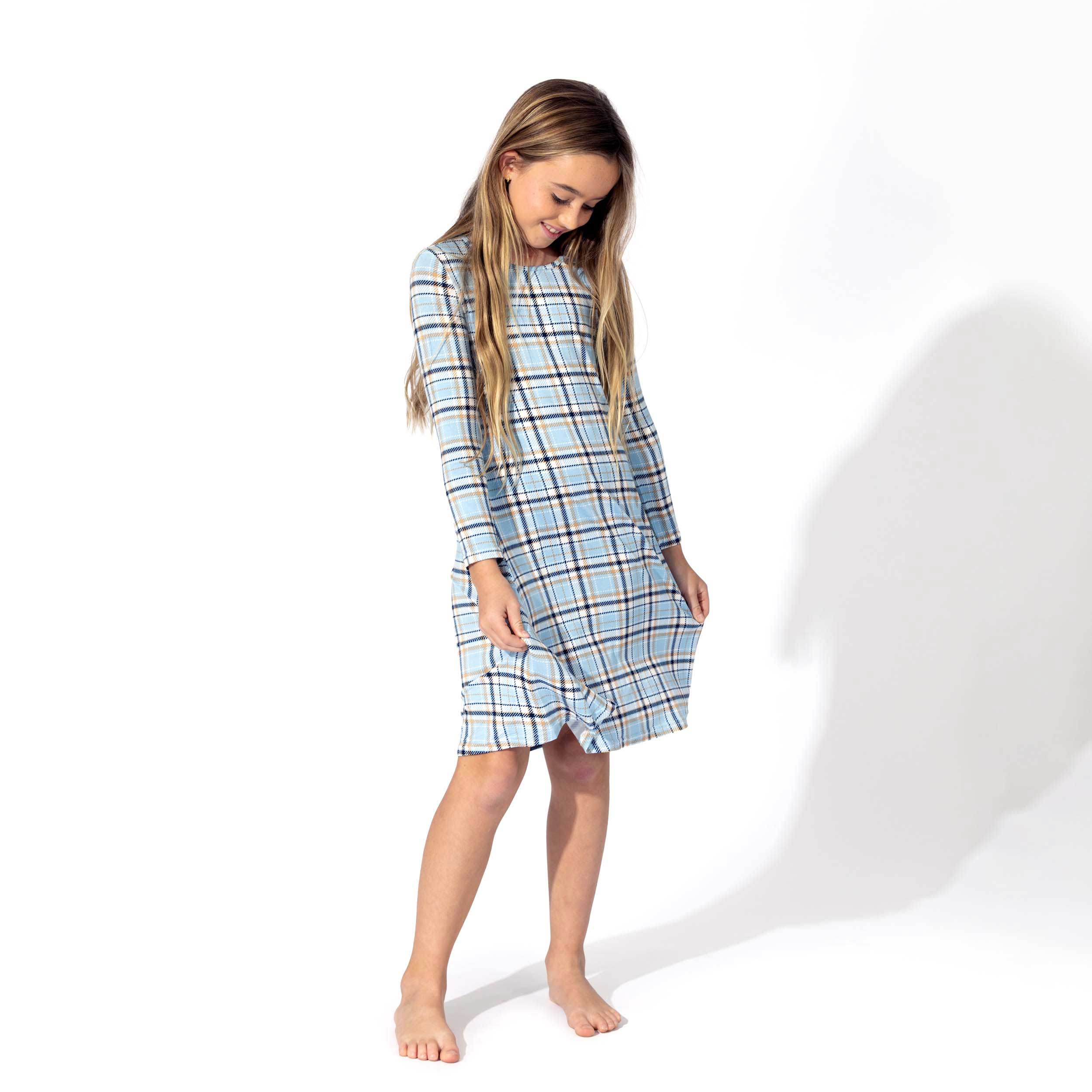 Festive Dreams: Holiday Plaid Blue Bamboo Girls' Dress - Bellabu Bear